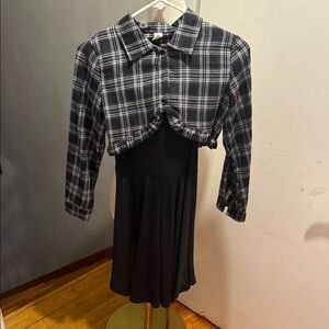 Black Dress w/ Black & White Plaid Cropped Ruffle button Jacket girls SZ 10/12